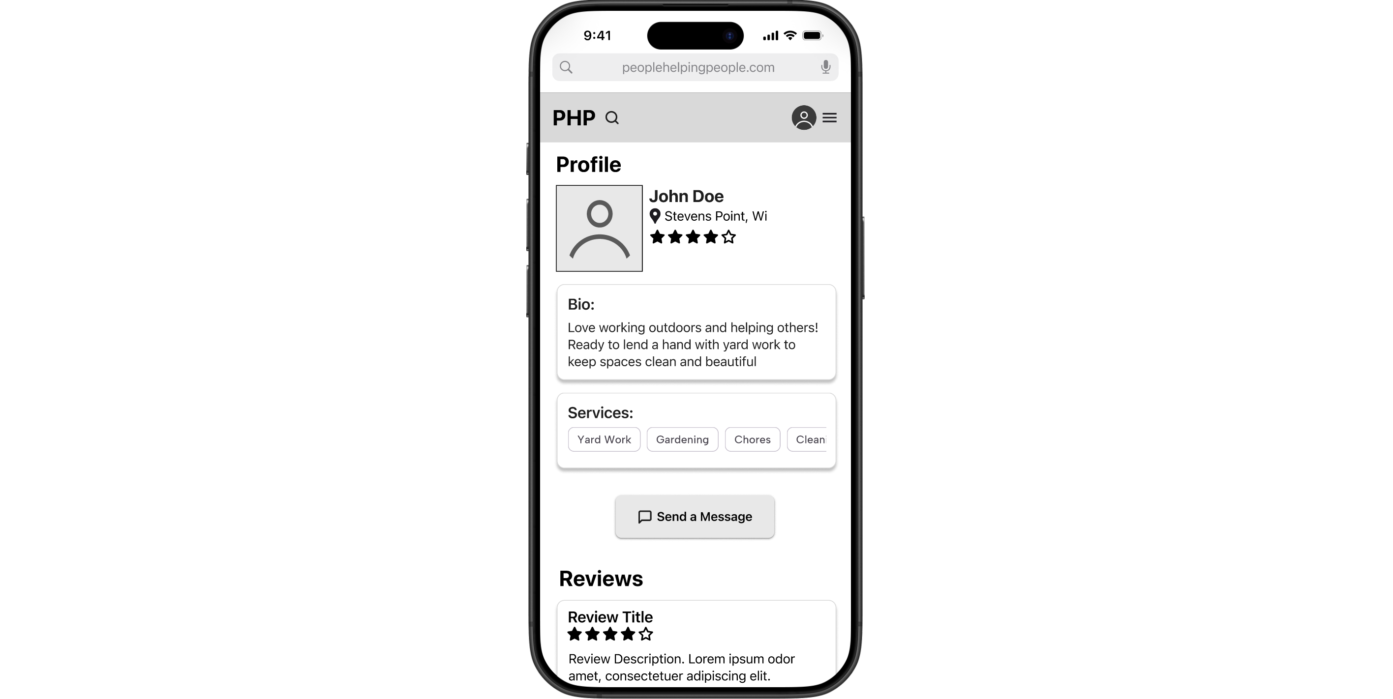 A black and white mobile wireframe of a profile page with reviews